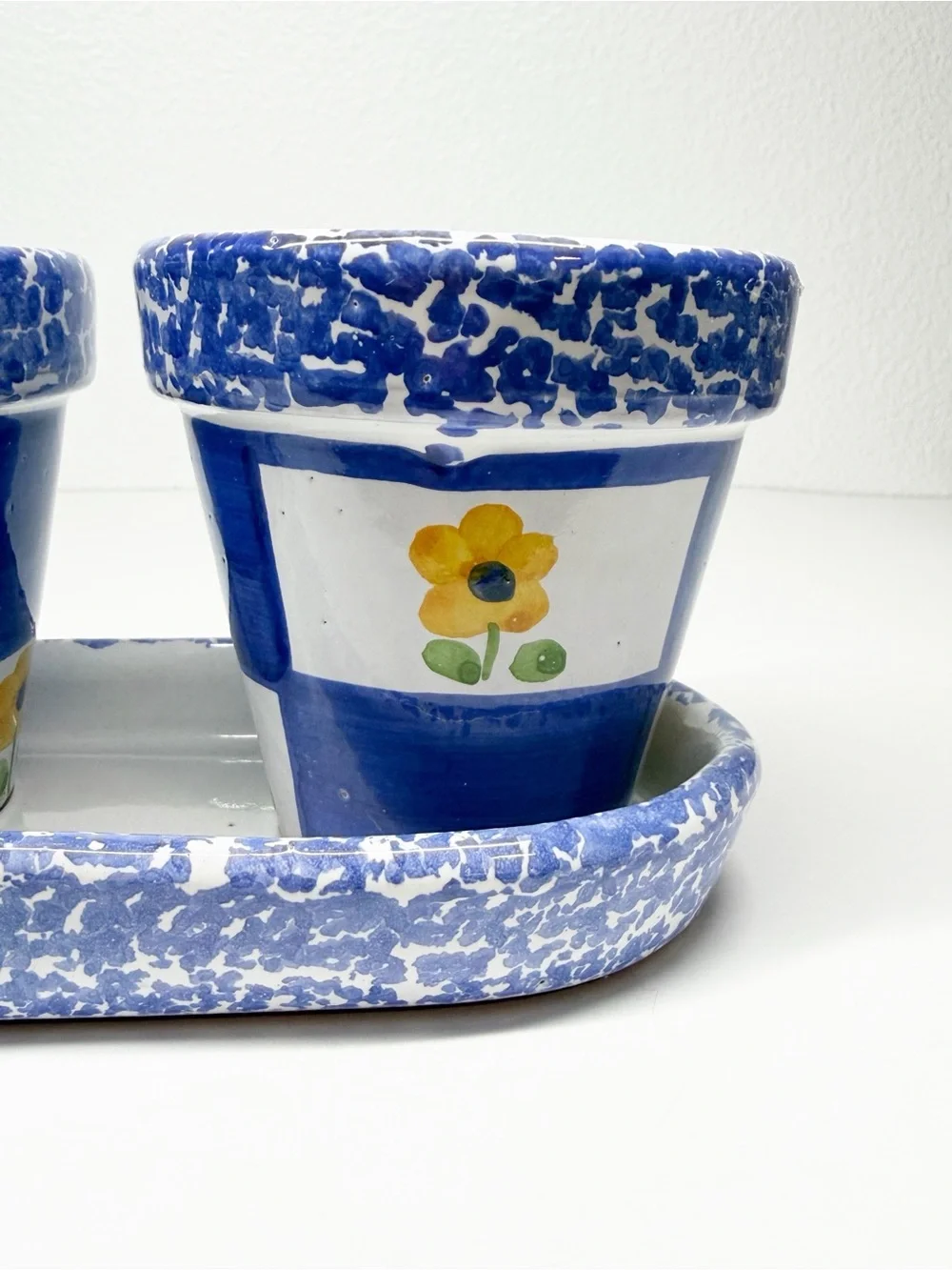 Vintage Himark Portugal Pottery Window Flower Pots Blue Checkered Sponge Painted